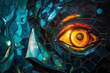 Close-up of a colorful stained glass window with an eye
