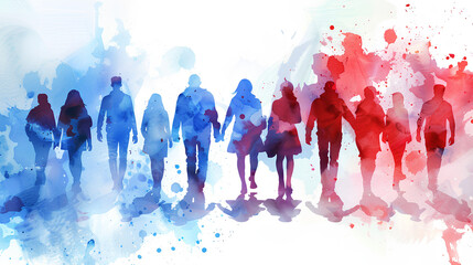 Watercolor Silhouette People Walking, Cool and Warm Hues, Abstract Social Concept
