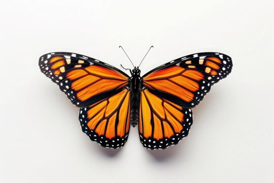 A single monarch butterfly, its wings shimmering with vibrant hues, poised delicately against a backdrop of pure white, symbolizing beauty and transformation.