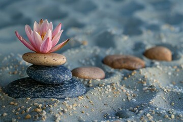 Pink lotus flower on stones on the sand,  Zen background