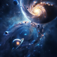 Universe scene with planets, stars and galaxies in outer space showing the beauty of space exploration. Elements furnished