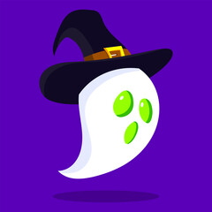 Cartoon ghost in witch hat. Happy Halloween concept. Flying ghost hand drawn illustrations on purple background. Vector EPS 10