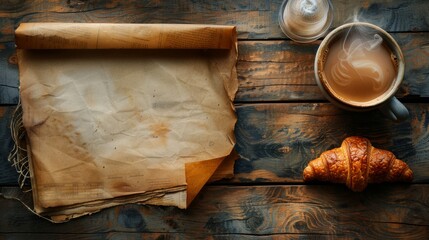 Morning coffee with croissant and vintage scrolled paper on a wooden table
