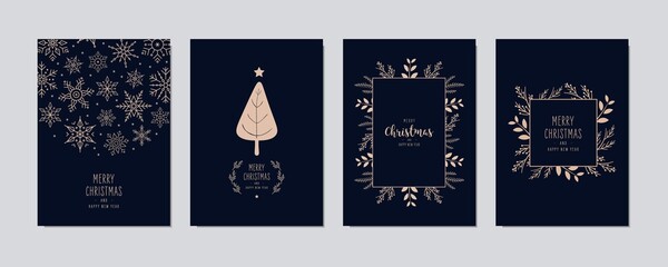 Merry Christmas Modern Elegant Card Set Frame Banner Greetings Golden Fir Pine Branches Background