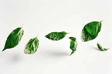 Green leaves on a white background,  Flat lay, top view - obrazy, fototapety, plakaty