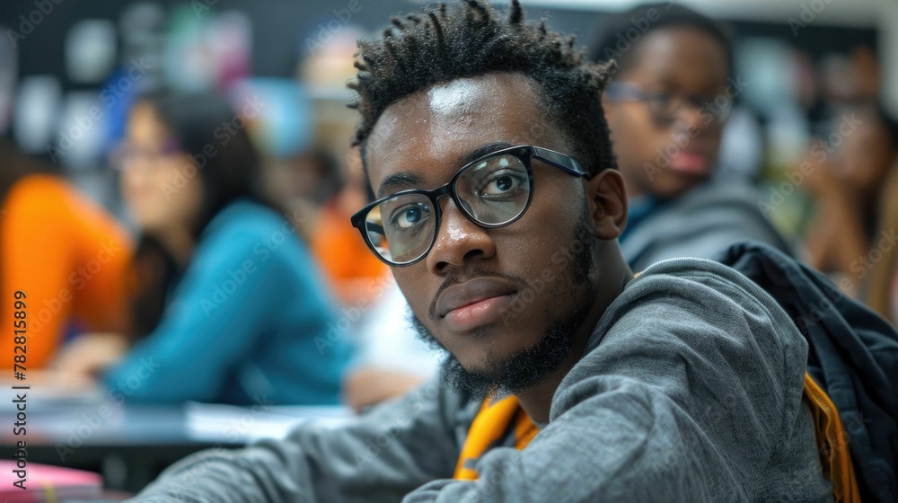 Poster diverse students engaged in critical thinking and analysis exercises in classroom setting