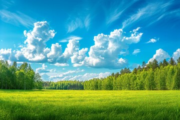 Green meadow and blue sky with white clouds,  Nature background - obrazy, fototapety, plakaty