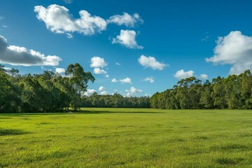 Landscape of green grass field and blue sky with white clouds - obrazy, fototapety, plakaty