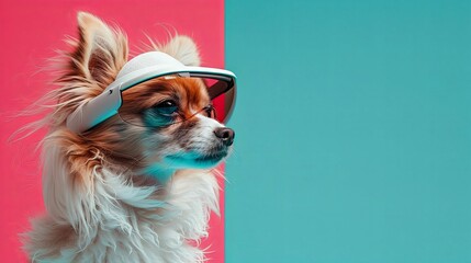 dog with with vision virtual reality sunglass solid background