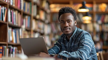 Fototapeta premium Individual Pursuing Educational Goals Through Modern Online Approach in Cozy Library Setting