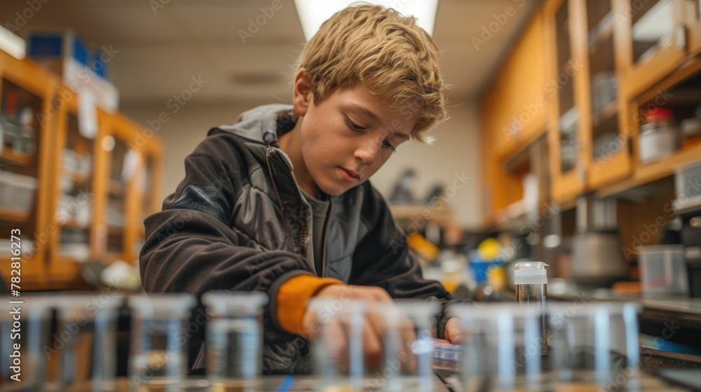 Aufkleber young student conducting scientific experiment in classroom laboratory exploring concepts and sparki