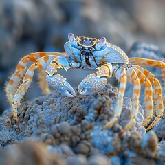 A closeup shot of an orange and blue crab on a coral reef