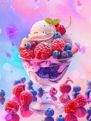 A delicious ice cream sundae with vibrant colors and lots of fresh berries, in the illustration digital art style, Generative AI