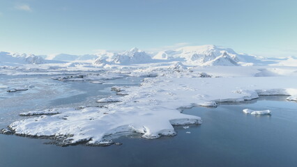 Arctic Polar Mountain Coast Aerial View. Snow Covered Antarctica Ocean Landscape Overview. North Nature Horizon Stunning Panorama Drone
