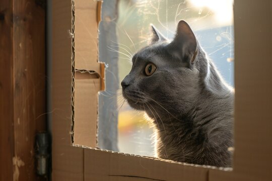Beautiful gray cat looks out the window in the rays of the sun