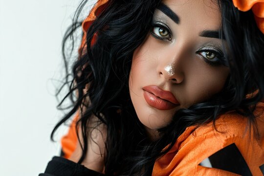 Portrait of a beautiful brunette woman in an orange jacket