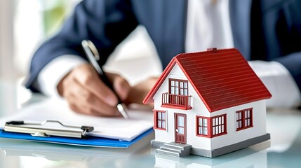 Real estate agent signing contract with miniature house model on desk. Home ownership concept captured in professional setting. Ideal for property-related themes. AI