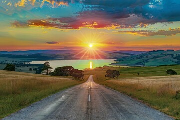 Sunset over a country road in New South Wales, Australia