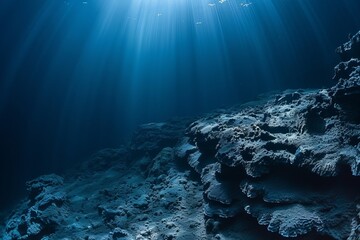 Underwater view of a cave with sunlight shining through the cave. - obrazy, fototapety, plakaty