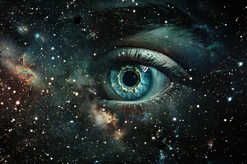 Beautiful woman's eye in space - obrazy, fototapety, plakaty