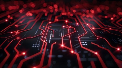 Depth-of-field perspective on a circuit board with red glowing pathways, showcasing intricate electronic design and data transmission