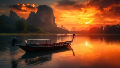 Foto op Canvas AI Generator pictures rowing boats along sandy beaches, sea dams, and rivers. with a mountain backdrop Sunrise time, sunset time, twilight time © Nan