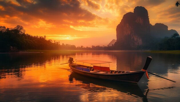 AI Generator pictures rowing boats along sandy beaches, sea dams, and rivers. with a mountain backdrop Sunrise time, sunset time, twilight time