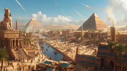 Photo sur Plexiglas Vieil immeuble An ancient Egyptian city at the peak of its glory, with pyramids, Sphinx, and bustling markets. Resplendent.