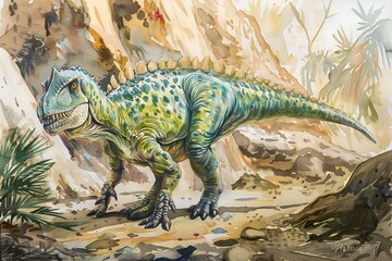 Tyrannosaurus rex dinosaur in prehistoric forest,  Digital painting