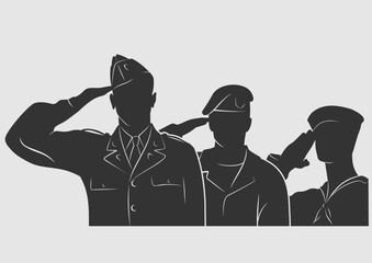 Soldiers, officers saluting silhouette. Vector illustration	