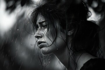 Black and white portrait of a beautiful young woman in the rain