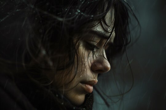 Close-up portrait of a beautiful young woman with wet hair