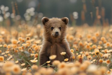 Brown bear in the field of yellow flowers,  Kamchatka, Russia - obrazy, fototapety, plakaty