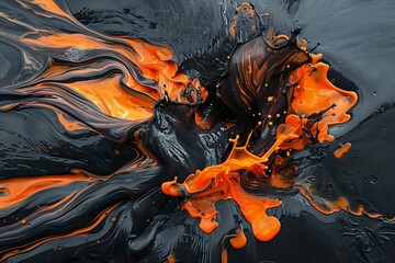 Abstract background of acrylic paint in black and orange colors,  Macro photography
