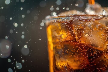 A refreshing cola drink with ice cubes, condensation glistening on the glass. - obrazy, fototapety, plakaty