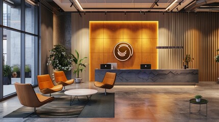 A reception area with a modern desk, comfortable seating, and a large logo on the wall.