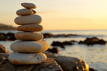 Pile of zen stones on the seashore at sunset - obrazy, fototapety, plakaty
