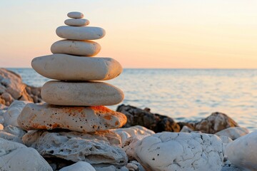 Stacked zen stones on the seashore at sunset - obrazy, fototapety, plakaty