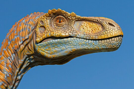 Ceratosaurus dinosaur head against blue sky, closeup of photo