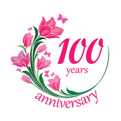 Obraz premium 100 years anniversary vector banner template. Hundred year jubilee with flower tulips on white background. Elements for your Birthday Celebration Party. Round logo. Greeting card template.