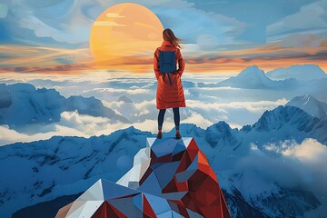 Woman on top of the mountain, Hand-painting - obrazy, fototapety, plakaty