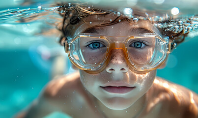 A young boy with expressive eyes gives a close-up look underwater while wearing large, clear goggles