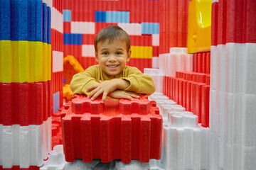 Boy child playing with huge building blocks in entertainment center - 782819285
