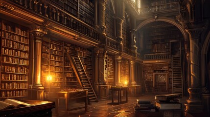 Fototapeta na wymiar An ancient library with towering bookshelves, hidden alcoves, and magical glowing manuscripts. Resplendent.