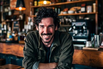 Portrait of a handsome man sitting in a pub and smiling.