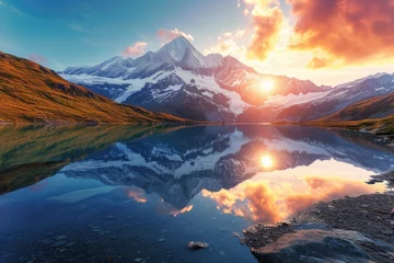 Papier peint Réflexion A majestic mountain landscape at sunset, snow-capped peaks, a crystal-clear lake reflecting the vibrant sky, serene nature. Resplendent.