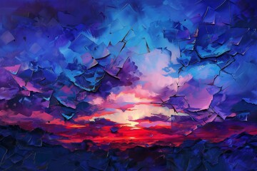 Sunset on the background of cracked wall,   rendering