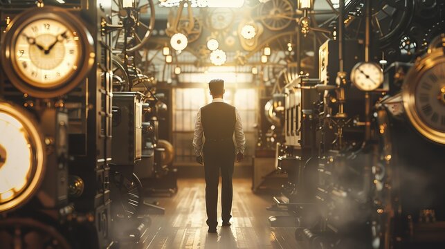 Steampunk portrait artistic image of a male corporate employee that is moving offices across a sales floor
