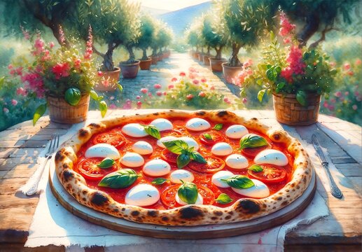 Watercolor Painting of a Pizza Bufalina