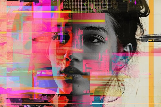 The close up picture of human face with emotionless expression that the picture has neon glitch effect that feels like from scifi or science fiction futuristic cyberpunk artstyle yet dystopia. AIGX01.